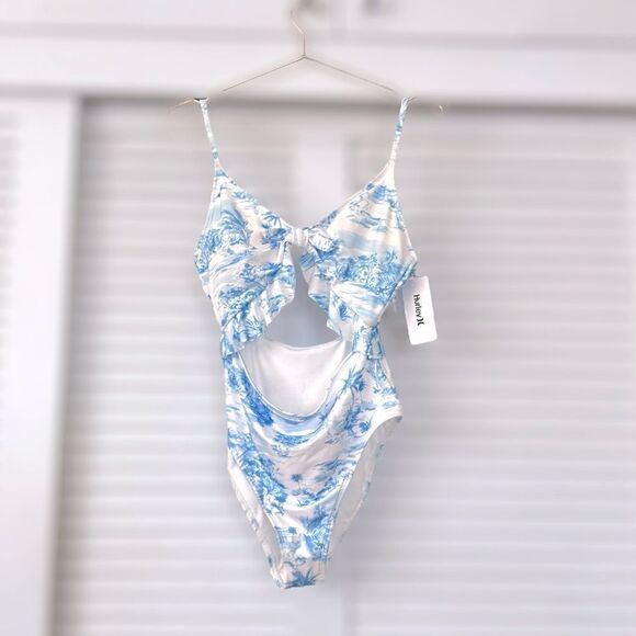 HURLEY Tropical Palm Tree Blue Cutout One Piece Swimsuit Size L - Picture 3 of 15